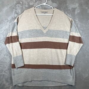 LOFT Sweater Striped V-Neck Oversized Beige Brown Gray Soft Womens Size XL